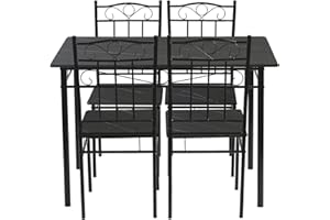 IPOTIUS Dining Set with Dining Table and 4 Chairs, Black Marbled Dining Table and Chairs, Black Metal Legs for Dining Room, Kitchen, Living Room