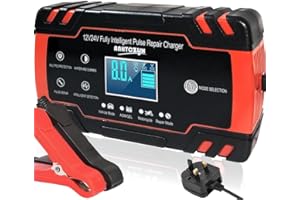PROFIKLA 12V/24V 8Amp Car Battery Charger, Automatic Smart Battery Charger with Intelligent Charges, Repairs, Maintains Lead Acid Batteries, Car, Motorcycle, Boat Mower Battery