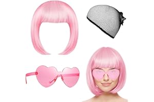 GIEEU Bob Krótka peruka, różowa peruka, czapka z peruką i okulary przeciwsłoneczne dla kobiet, kolorowa peruka cosplay, na imprezę, różowa peruka bob dla kobiet