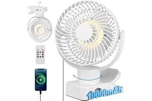 AIDSCI 360° Oscilación Ventilador Pinza con Mando a Distancia - 10000mAh Portatil Recargable USB Ventilador de mesa - Silencioso Mini Clip Ventilador Camper 4 Niveles & Temporizador - luz LED- 75H - Ø17.5cm