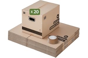 Pack and Move - Lot 20 cartons déménagement stockage livres - 40 x 30 x 30 cm - Poignées renforcées - 1 adhésif offert