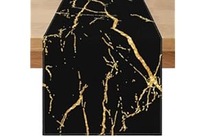 MIUYUNYA Tischläufer 180x40 Abwaschbar Leinen Tisch Läufer Modern Schwarz Gold Goldene Textur Abstrakte Tischdecke Läufer Frühlings Sommer Kunst Tischdecke für Esszimmer, Kommode, Schlafzimmer