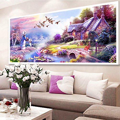 DIY 5D European Style Garden Cottage Landscape Paste Drill Diamond Cross Stitch Dream Home Square Drill Full Diamond Living Room Bedroom Diamond Painting,250*100CM