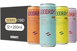 GOODRAYS CBD Drinks, Sparkling Low Calorie Soft Drink, Natural Sleep Stress and Anxiety Relief, Vegan, 4 Flavour Mixed Pack, 12 x 250ml Cans, Packaging May Vary