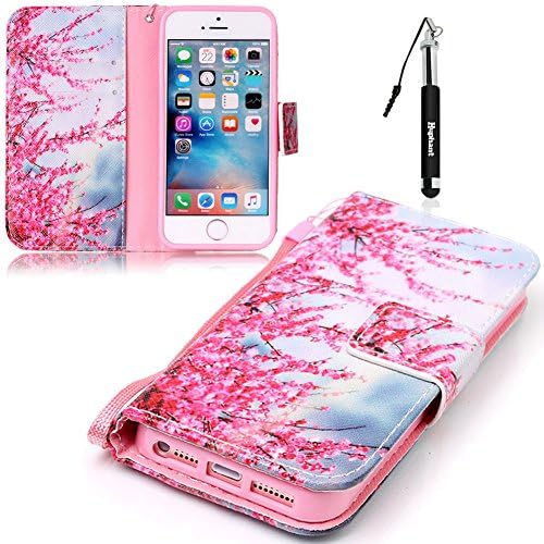 iphone 5/5S/5SE Printing Lanyard Flip Case,Huphant Premium Soft PU Leather Notebook Wallet Cover Case with [Kickstand] Credit Card ID Slot Holder Magnetic Closure Plum Tree Branches Pattern Design Boot Flip Leather Holster for iphone 5/5S/5SE + Black Retractable Dust Plug Stylus Pen