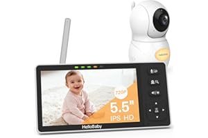 HelloBaby Cámara de bebé, Cámara vigilancia bebe, 5,5 Pulgadas Pantalla IPS Dividida Vigilabebes, Sin WiFi, 4000 mAh, Llamada Bidireccional, Visión Nocturna, Modo Eco, 8 Canciones de Cuna, 1080P, 305m