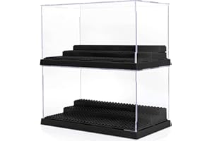 Mlikero 2 Pack Minifigure Display Case for Action Figures Blocks, Clear Dustproof Acrylic Display Box Storage with 3 Movable Steps Gifts for Children (Black)