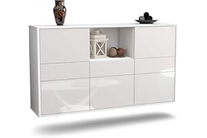 Dekati Sideboard Pomona hängend (136x77x35cm) Korpus Weiss matt - Front Hochglanz Weiß - Push to Open - Leichtlaufschienen