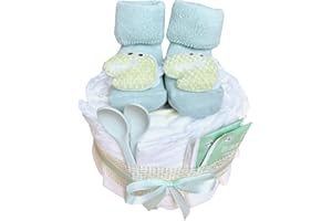 ‎WINDELKÖNIG Windeltorte mit süßen Babysocken und zwei Babylöffeln | Geschenk zur Geburt oder Babyparty | Tiersocken | Windelkönig ihre Windeltorten Manufaktur | (grün)
