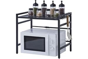 ‎ZZINOKE ZZINOKE 2-Stufiger Mikrowellenregal, Mikrowellenständer mit 6 Haken, Höhen und Längenverstellbares Küchenarbeitsplattenregal, Stabiles Küchenregal, 40-60×35×45.5cm, Schwarz