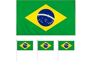 BEIIEB 1 szt. flaga Brazylii (90 x 150 cm), 3 szt. ręczna mini flaga Brazylii (14 x 21 cm), wodoodporna i odporna na słońce, nie blaknie, nadaje się na imprezy sportowe, uroczystości, imprezy
