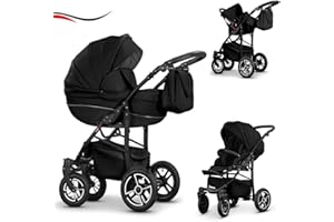 DEIN-BABYLÄDCHEN 16 teiliges Qualitäts-Reisesystem 3 in 1"COSMO-ECO" - KUNSTLEDER: Kinderwagen + Buggy + Autokindersitz + Schwenkräder - Mega-Ausstattung - in Farbe (CE-5) SCHWARZ KUNSTLEDER-SCHWARZ
