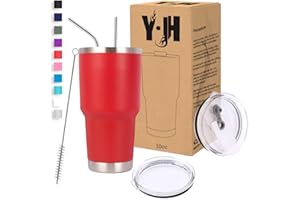 Y·J&H Y·JH 30oz (850ml) Bicchiere da viaggio Tazza da caffè a doppia parete isolata sottovuoto Tazza da caffè in acciaio inossidabile con 2 coperchi antispruzzo, 2 cannucce, senza BPA - Rosso