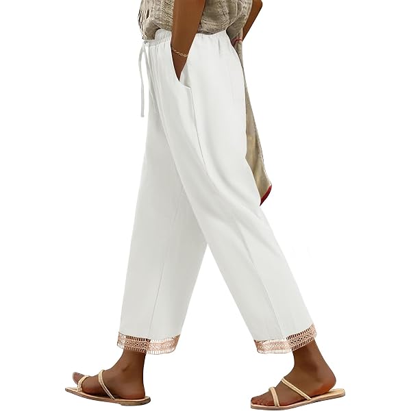 TARSE Pantaloni Capri Palazzo In Lino Donna - Vita Alta, Gamba Larga, Con Tasche - Stile Boho Estivo, Beige - 2