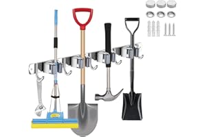 Beilala Mop Broom Holder Heavy Duty, Stainless Steel Wall Mount Tools Organizer Rack with 4 Positions 5 Hooks for Utility Room, Kitchen, Bathroom, Garage, Laundry, Garden and Office