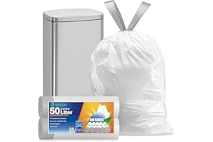 OKKEAI 50L Bin Liner Kit - Heavy Duty Tall Swing Rubbish Bags, 20 Counts Plastic White Trash Bags with Drawstring Tie Handle, Fit 40-60 Liter Bin