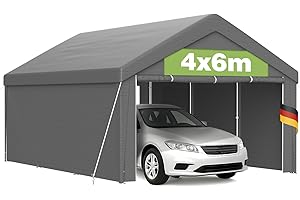 KIDSGIGGLZ Carport Pavillon 4x6m mit PE Plane, wasserdicht UV-beständig stabilem Metallrahmen, Bodenrahmen, Dachverstärkung, abnehmbare Seitenwände, Unterstand für Auto, Boot, Lagerung von Waren, Schuppen, Grau