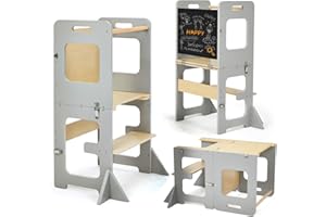 labebe Torre Montessori per bambini, Pieghevole Learning tower con lavagna, Multifunzione 3 in 1 Torre di apprendimento, Torre a partire da 1 anno （Grau）