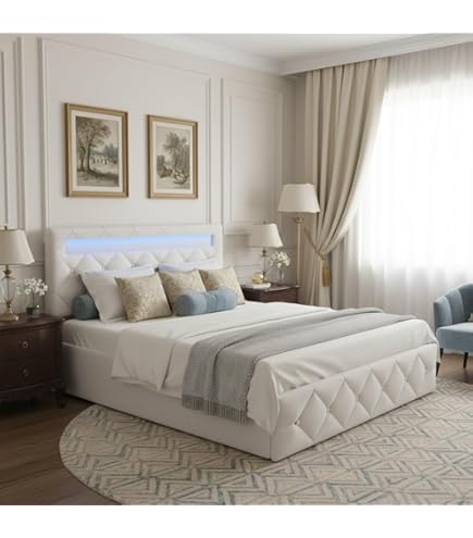 NMCXO Tweepersoonsbed 140 x 200, kistbed 140 x 200 cm, met lattenbodem, bedframe met laden, led en USB, hoofdeinde van fluweel met opslag, open planken, eenvoudig te installeren, wit