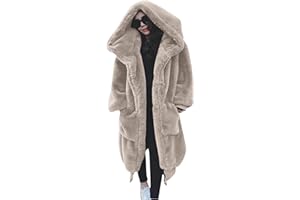 L9WEI Kunstpelz Mantel Lang Damen Oversized Kunstfell Mantel mit Kapuze Elegant Faux Pelz Mäntel Pelzmantel Einfarbig Felljacke Warme Plüschmantel Lose Winter Kunstfell Mantel