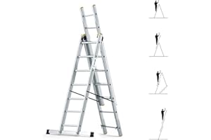 HOSTRÖM HOSTROM - Escalera transformable 3 planos StablePro 3 x 7 peldaños de aluminio extensible deslizante, 6 posiciones, altura de trabajo máx. 5,00 m, garantía de 5 años