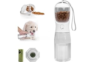 Kqpoinw Bouteille d'eau pour Chien 600 ML, Gourde pour Chien Promenade, Gourde de Voyage avec Récipient Alimentaire de 100g et Sacs pour Déchets Canins, Portable pour Gourde Chien(Blanc)