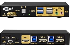 CKL 2 Port USB 3.0 KVM Switch HDMI 8K@60Hz for 2 Computers 1 Monitor, PC Screen Keyboard Mouse Peripheral Audio Sharing Selector Box with All Cables (62HUA-4)
