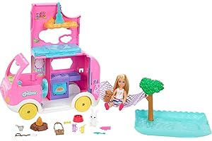 Barbie Coffret 2-en-1 Camping Car, Poupée Mannequin Chelsea avec Véhicule Transformable en Campement, Comprend 2 Animaux Et 15 Accessoires Thématiques, Jouet pour Enfant de 3 Ans et Plus, HNH90