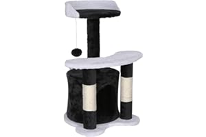 Wiltec Arbre à Chat - 65 cm de Haut - Design ludique Balle de Jeu - Meuble grattage félin Peluche - Couleur Noir-Blanc - Grattoir griffoir avec Maisonnette, sisal, Niche et Plate-Forme