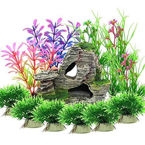 Vibury Aquarium Decoration Plantes, 13 Pièces Taille Plantes d'aquarium Plastique Décoration et Rocher Polyrésine Grotte Ornement Decoration