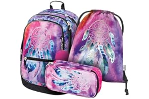 Baagl Schulrucksack Set 3 Teilig, Schultasche ab 3. Klasse, Grundschule Ranzen mit Brustgurt, Ergonomischer Schulranzen (Traumfänger)