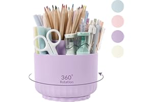 SKYDUE Desk Organiser, 360 Degree Pen Holder Rotatable, Pen Organiser with 5 Compartments, Pen Holder Desk for Office, School, Home (Light Purple)