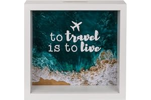 MAKIO Hucha Madera Viajar es Vivir. Hucha Monedas To Travel is To Live (20x20x5cm).