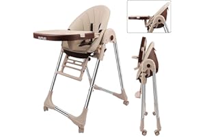 OUNUO Chaise Haute Enfant, Chaise Haute Bébé Evolutive, Pliable, Réglable, Nettoyage facile, Avec Roulettes (BEIGE)