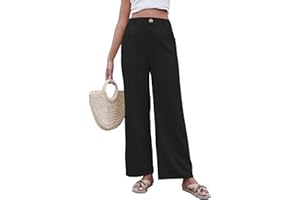 Yutdeng Pantaloni Lino Donna Estivi Comodi Elastico Vita Alta Pantaloni Larghi Eleganti Pantalone Gamba Dritta Palazzo Pantaloni Leggeri Casual con Tasche e Bottoni per Business