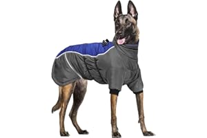 Woiil Hundejacke Thermo Hundemantel wasserdicht Winddicht Winter Hundeweste Fleece Reflektierend Streifen Geschirrloch für Outfit Haustierkleidung mit Tasche Blau/Grau XL