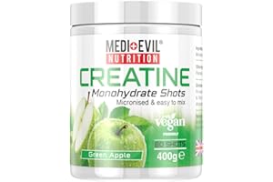 Medi-Evil Nutrition Creatine Monohydrate Shots Powder Vegan Friendly, Green Apple Flavour, 400g, 80 Servings, Micronised for Easy Mixing (Pack of 1 Tub)