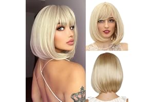 FENYW Kurze Bob Perücke mit Pony, Bob Perücken, Gerade Kurze Charmante Bob, Perücke Blond Damen Kurz Bob, Blonde Highlighter Synthetische Perücken für Karneval Cosplay Tägliche Helloween(Blond)