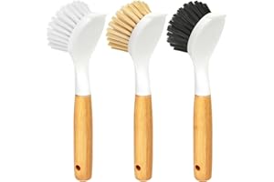 Holikme Spülbürste mit Bambusgriff, Küchenschrubber zum Reinigen von Geschirr, Topf, Spüle und Herd, Pfannenschrubber mit harten Borsten für gusseiserne Grillpfanne, gelb weiß schwarz, 3er-Pack