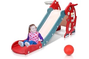 Jopassy Toboggan pour enfant 4 en 1 avec toboggan, cadre de basket-ball et machine d'apprentissage en anglais, toboggan pour enfants à partir de 2 ans - Pour l'intérieur et l'extérieur (rouge)
