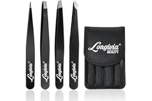 LONGIVIA Pince a Epiler Professionnelle 4 pièces en Acier Inoxydable Kit pour Epilation Sourcils avec Coffret pour Pinces à épiler ou pour Enlèvement des points noirs, poil incarné, echarde, les Cils