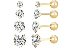 JMFENFA 4 Pairs Star Heart Square Stud Earrings Screw Back 18K Gold Plated Surgical Stainless Steel Cubic Zirconia Stud Earrings 3-6mm