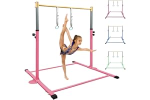 HomeSun Gymnastics Bar for Children, Robust Kip Bar with Rings, Horizontal Gym Bar for Home Training, Height Adjustable 90-150 cm, Training Device up to 100 kg, Age 3-15