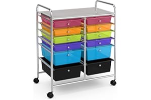 GOPLUS Rollwagen Schubladenwagen, Rollcontainer mit 12 stapelbaren Schubladen, Haushaltwagen auf Rollen mit Bremsen, Badtrolley Badregal, Aufbewahrungswagen für Heim und Büro (Transparent Bunt)