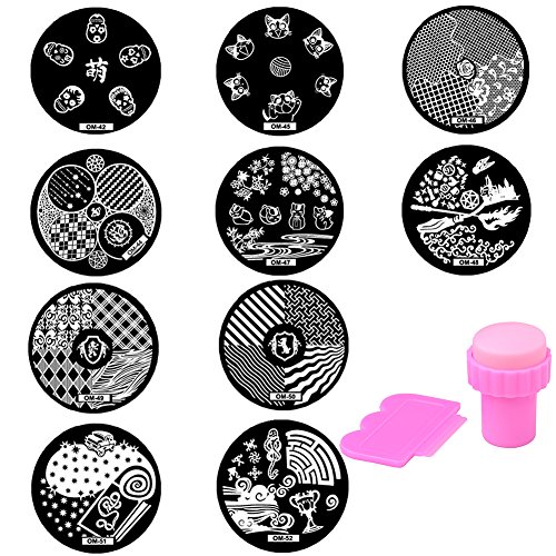 Professional Vintage 10pcs Images Stencil Template with Stamp Stamper and Scraper Nail Polish Art Stamping Plates Kit