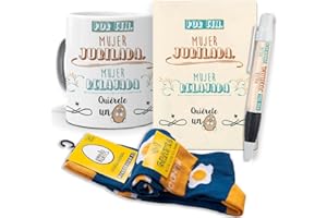 mundohuevo Super Regalo Personalizado para jubilación. Mujer jubilada, Mujer Relajada. Taza, libreta, boli y Trio de Calcetines