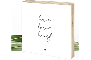 Wunderpixel® Holzbild live love laugh - 15x15x2cm Holzschild zum Hinstellen/Aufhängen, Fotodruck mit Spruch auf Holz - schwarz-weißes Wand-Bild Aufsteller zur Dekoration Geschenk - lebe liebe lache