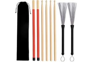 Gobesty Drumsticks Set, 2 Paar Klassische Hochwertige Ahorn-Drum-Stick-Sets mitEinziehbarerDrahttrommelbürsteundBundle-Drum-Stick-Dowel-Drumsticks Plus Wasserdichte Tasche