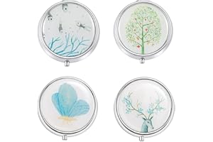 OHAODUO 4 portapillole rotonde in metallo con specchio, scatola per pillole da viaggio, 3 scomparti, portapillole per pillole da viaggio