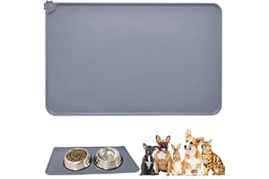 DIFISTIK Dog Cat Food Mat, Silicone Dog Bowl Mat, Non-Slip Cat and Dog Feeding Mat, Pet Food Mat, Waterproof Tray Cushion Stop Food Spills and Water Messes Out to Floor Keep Floors Clean (Grey, 48cm*30cm)